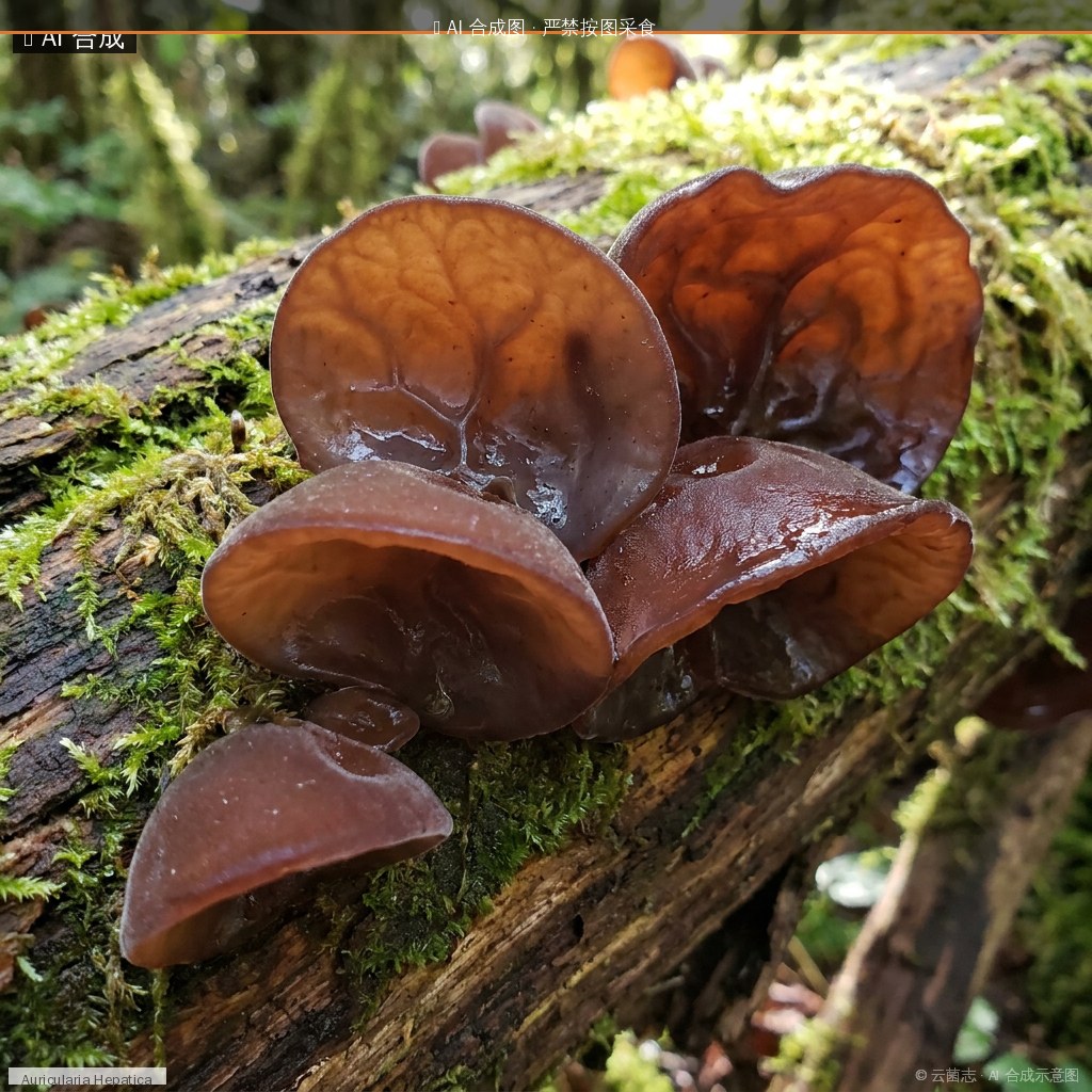 血耳(血红银耳)(Auricularia hepiatica) AI 合成示意图 · 非真实图鉴