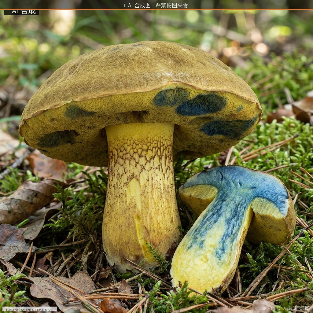 黄褐牛肝菌(Boletus flavus) AI 合成示意图 · 非真实图鉴