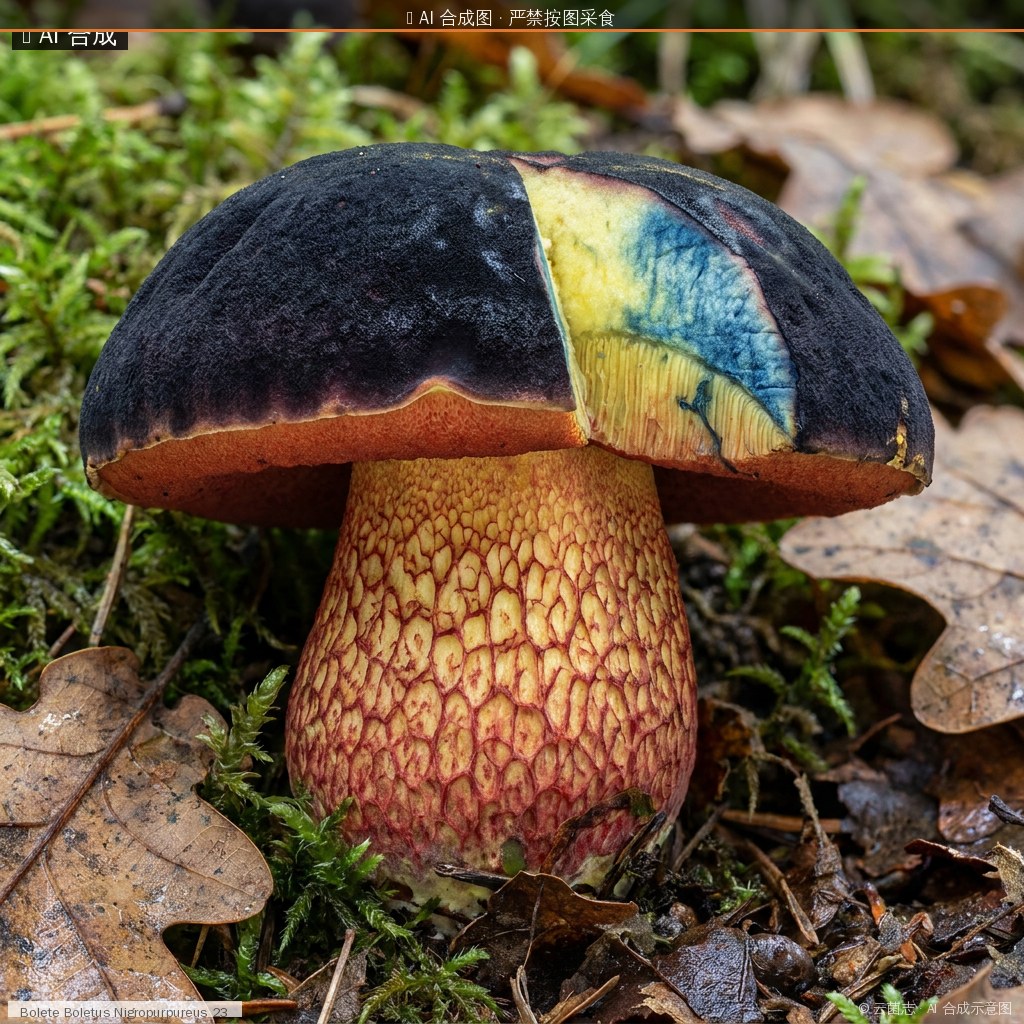 黑紫牛肝菌(Boletus nigropurpureus) AI 合成示意图 · 非真实图鉴