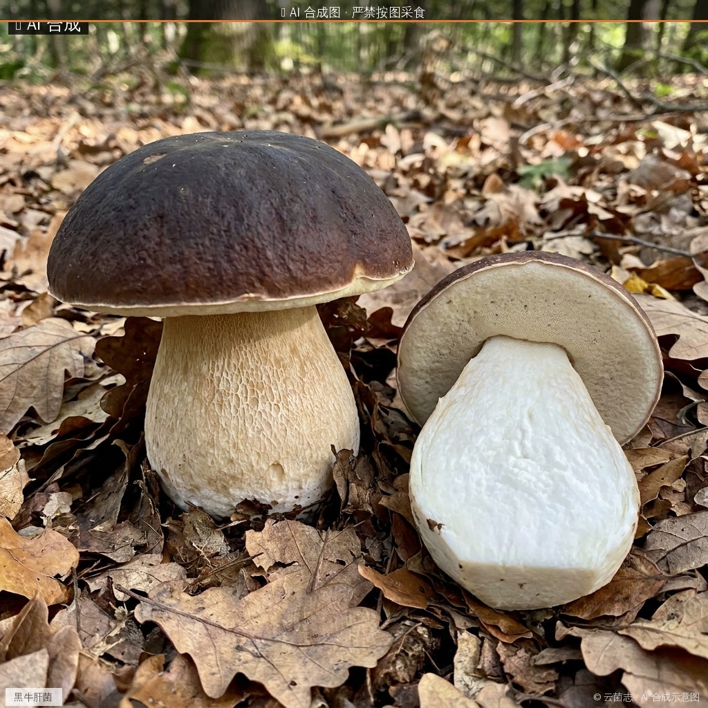 黑牛肝菌(Boletus aereus) AI 合成示意图 · 非真实图鉴