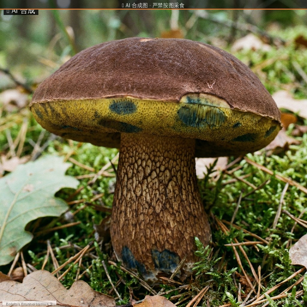 褐盖褶孔牛肝菌(Boletus brunneissimus) AI 合成示意图 · 非真实图鉴