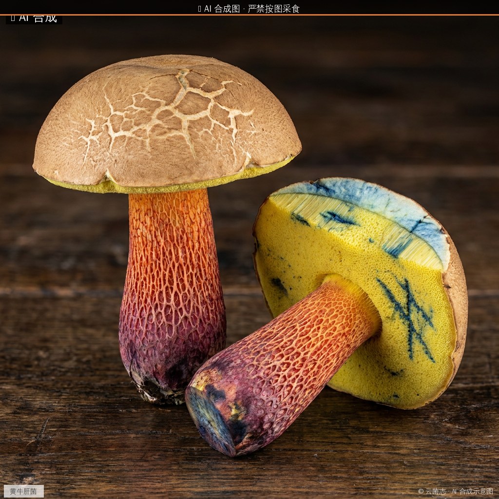 黄牛肝菌(Boletus luridus) AI 合成示意图 · 非真实图鉴