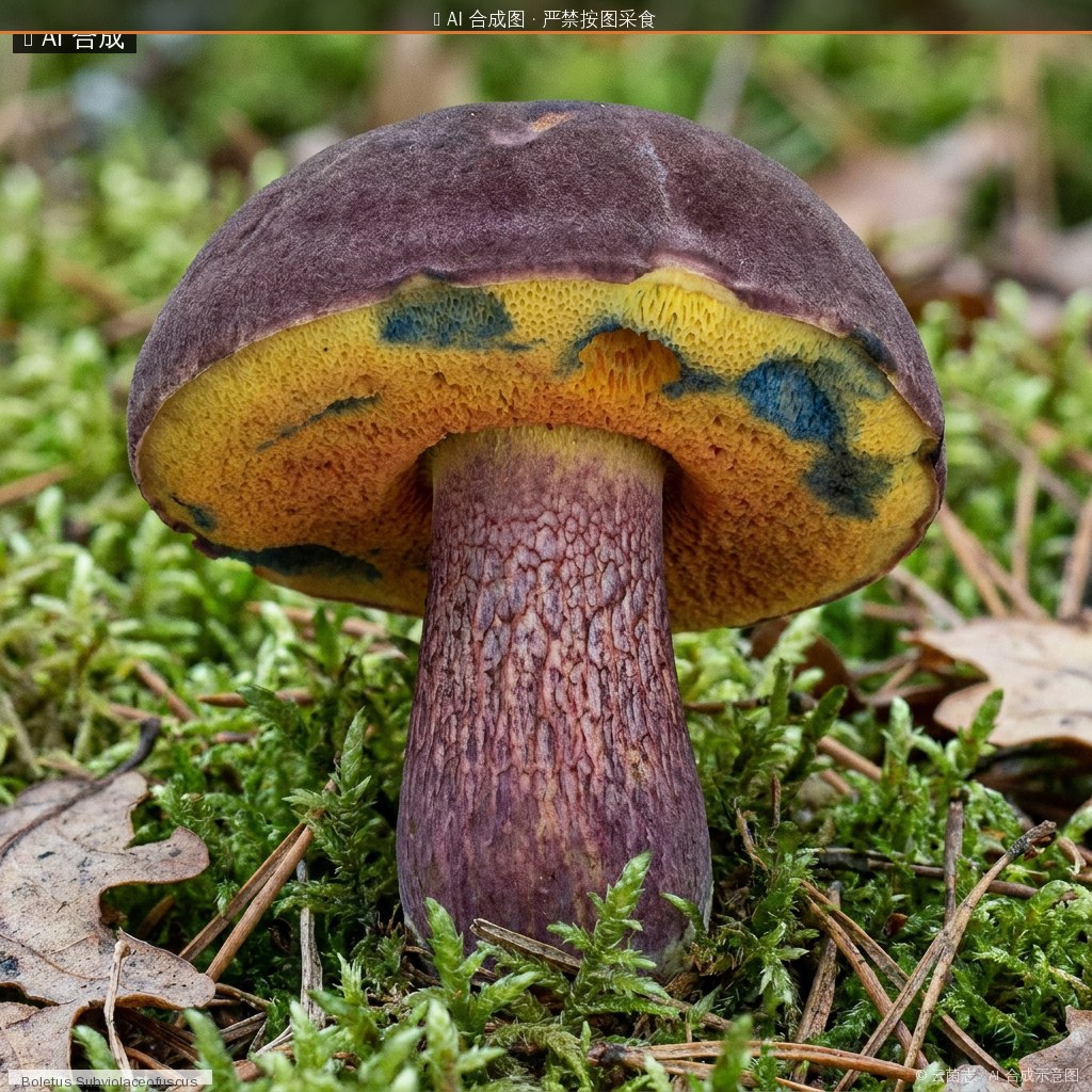 类紫褐牛肝菌(Boletus subviolaceofuscus) AI 合成示意图 · 非真实图鉴
