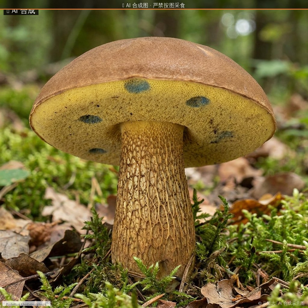 褐盖牛肝菌(Boletus umbrinipileus) AI 合成示意图 · 非真实图鉴