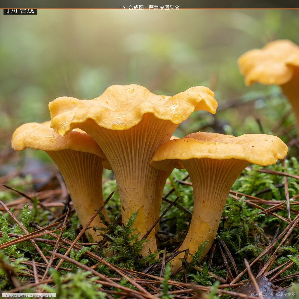 云南鸡油菌(Cantharellus yunnanensis) AI 合成示意图 · 非真实图鉴