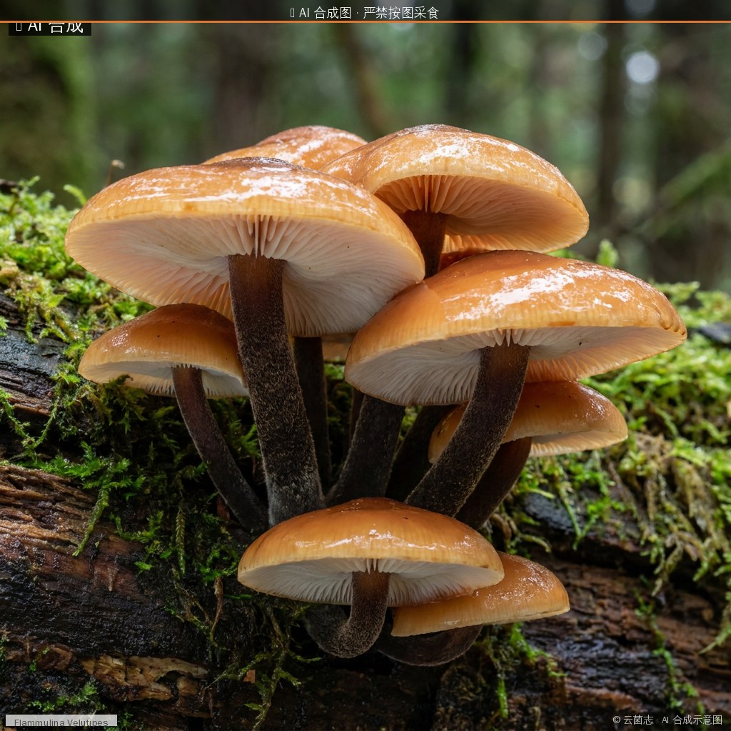 亮金菇(黄金针菇)(Flammulina velutipes) AI 合成示意图 · 非真实图鉴