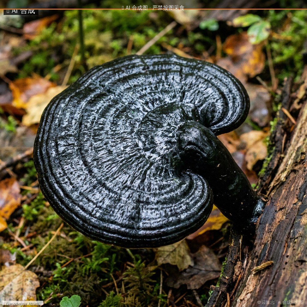 黑灵芝(Ganoderma atrum) AI 合成示意图 · 非真实图鉴