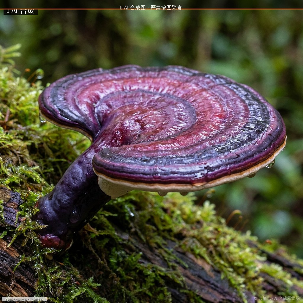 紫灵芝(Ganoderma sinense) AI 合成示意图 · 非真实图鉴