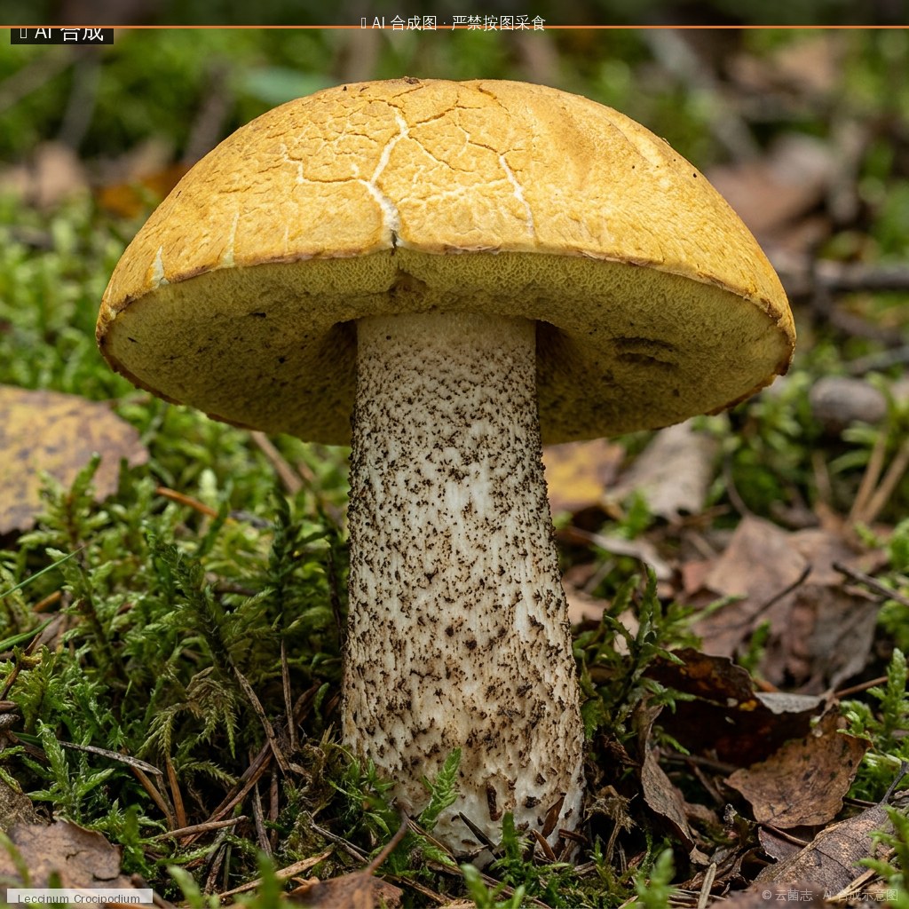 黄赖头(黄皮疣柄牛肝菌)(Leccinum crocipodium) AI 合成示意图 · 非真实图鉴