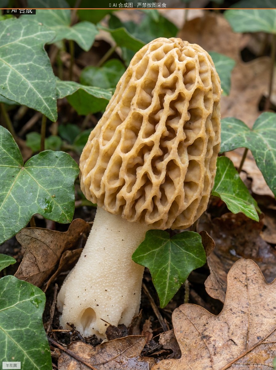 羊肚菌(Morchella esculenta) AI 合成示意图 · 非真实图鉴