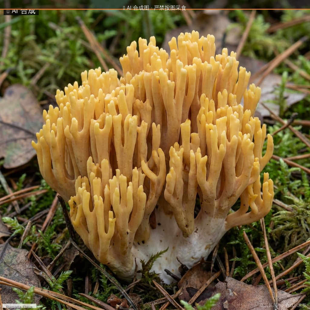 黄色珊瑚菌(Ramaria flava) AI 合成示意图 · 非真实图鉴