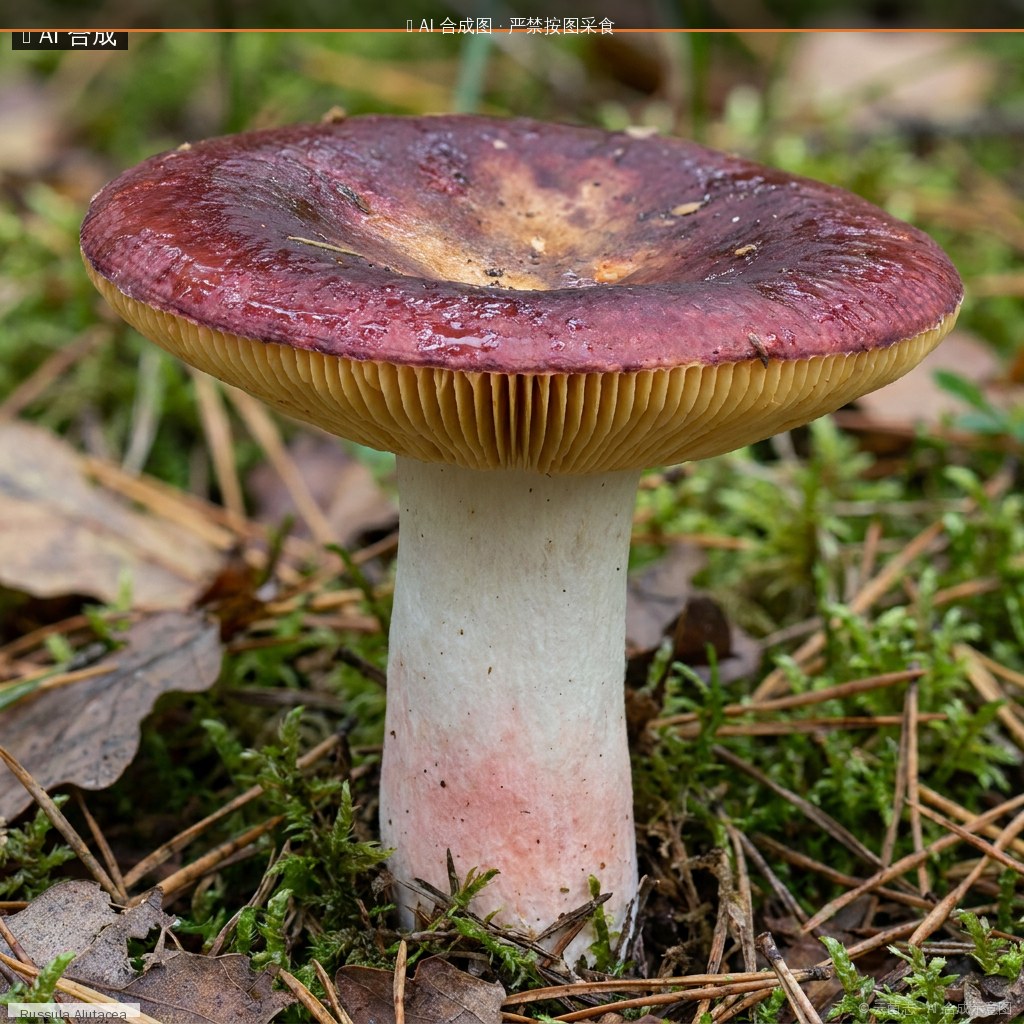 胭脂菌(大红菌)(Russula alutacea) AI 合成示意图 · 非真实图鉴