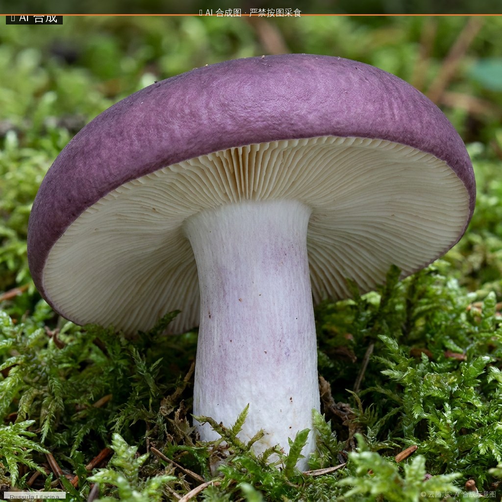 淡紫红菇(Russula lilacina) AI 合成示意图 · 非真实图鉴