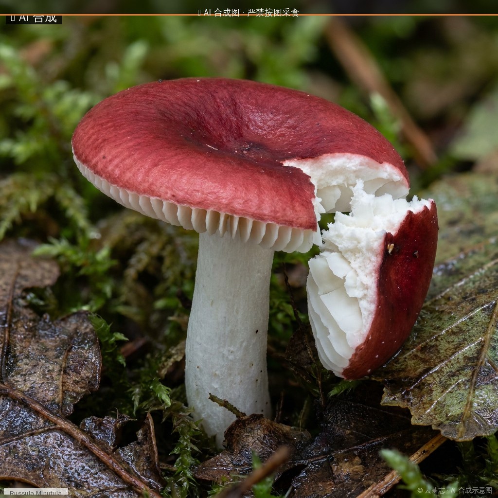 小红盖红菇(Russula minutula) AI 合成示意图 · 非真实图鉴