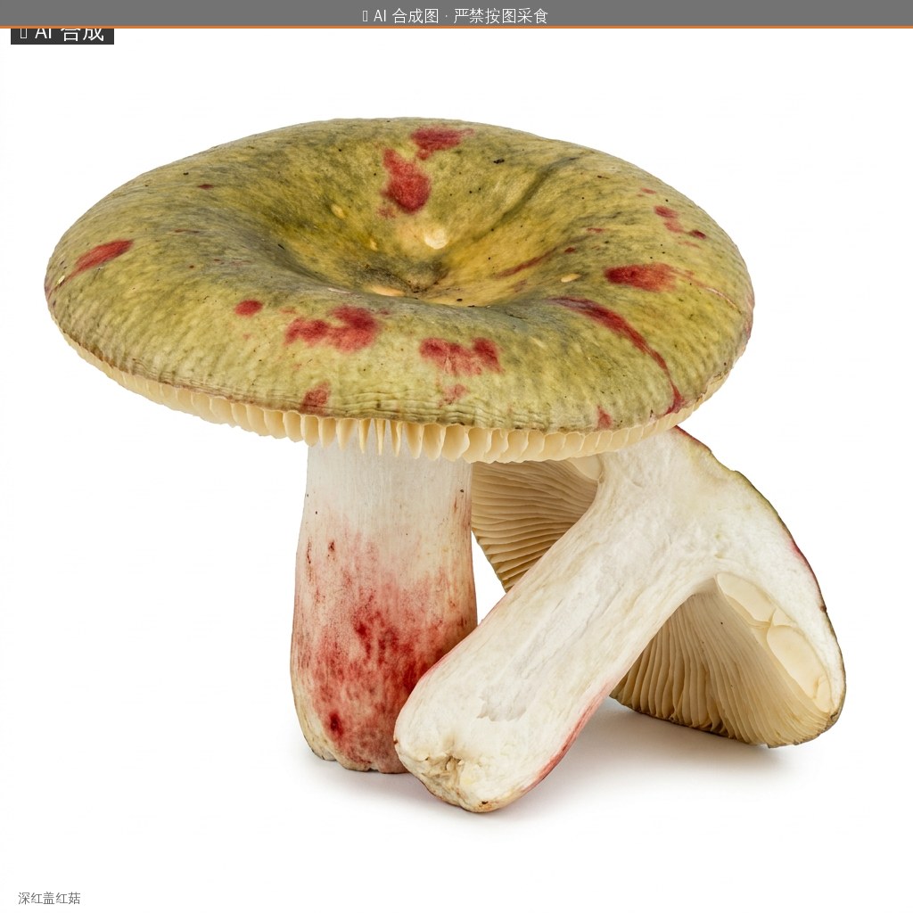 深红盖红菇(Russula rubrotincta) AI 合成示意图 · 非真实图鉴