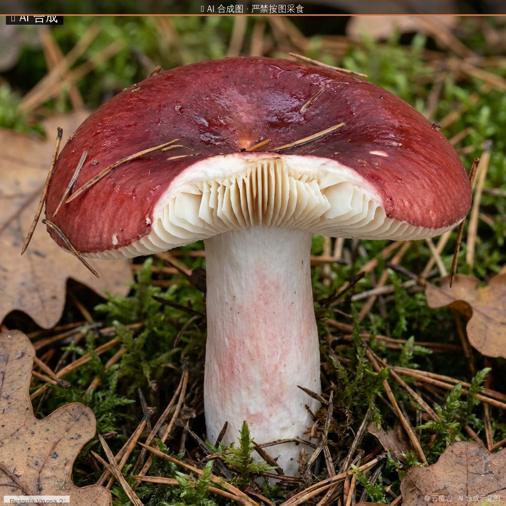 大红菌(Russula vinosa) AI 合成示意图 · 非真实图鉴