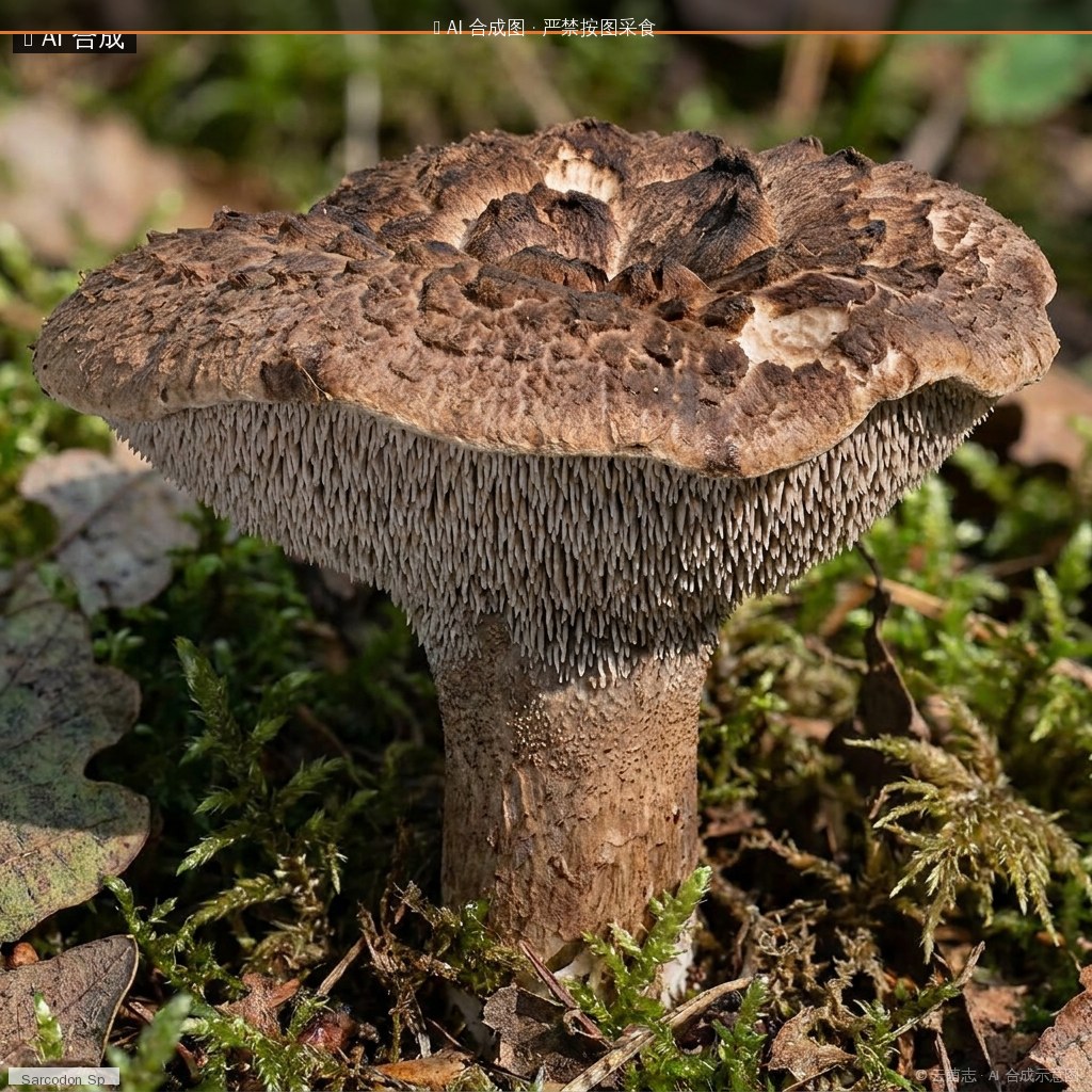 苍白柄肉齿菌(参照种)(Sarcodon sp.) AI 合成示意图 · 非真实图鉴