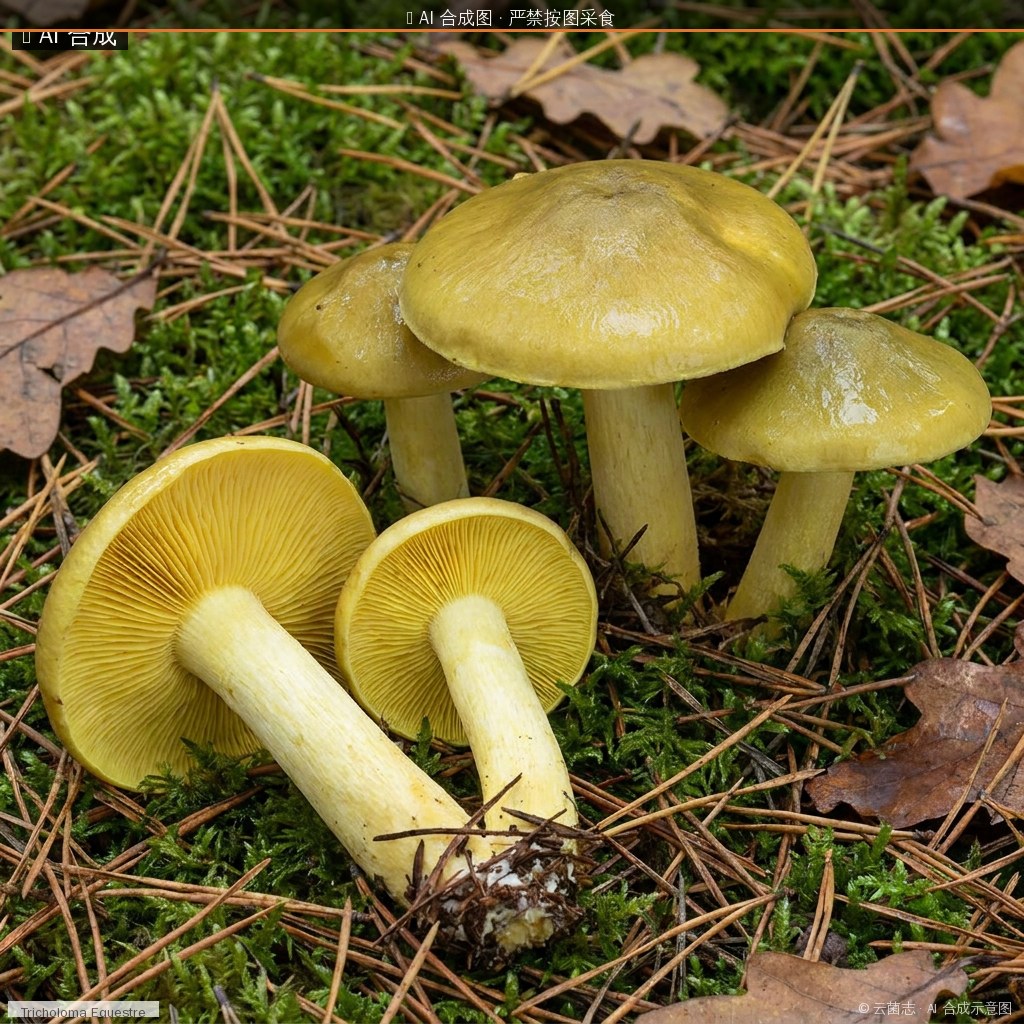 荞面菌(黄口蘑)(Tricholoma flavovirens) AI 合成示意图 · 非真实图鉴